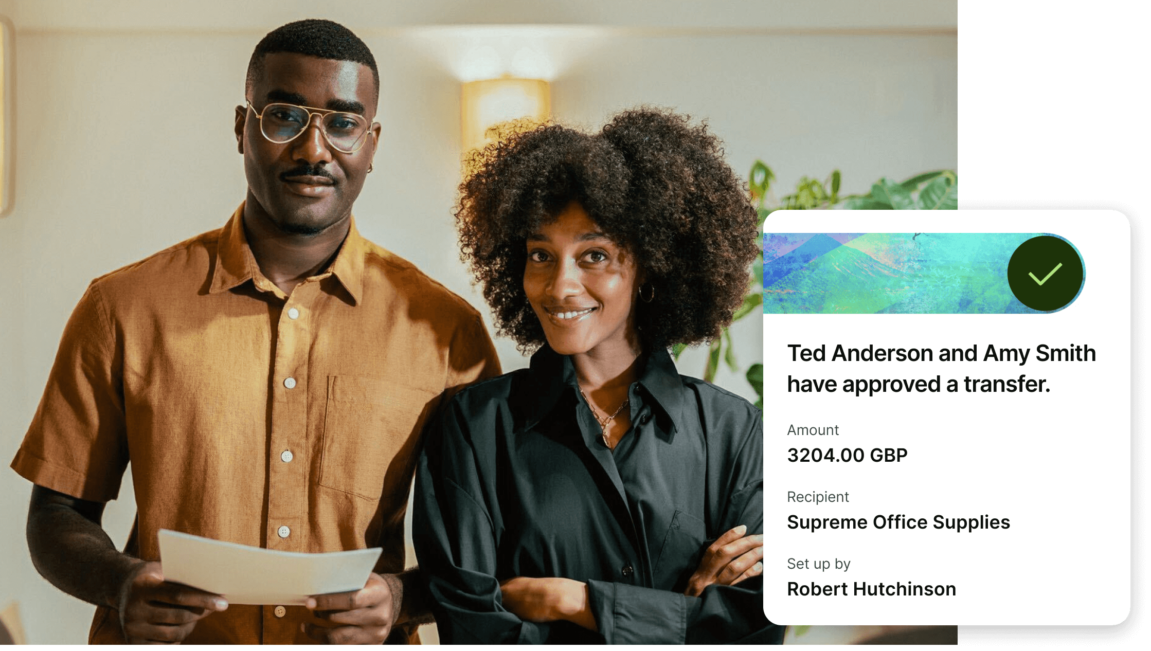 User interface showing two people have approved a transfer
