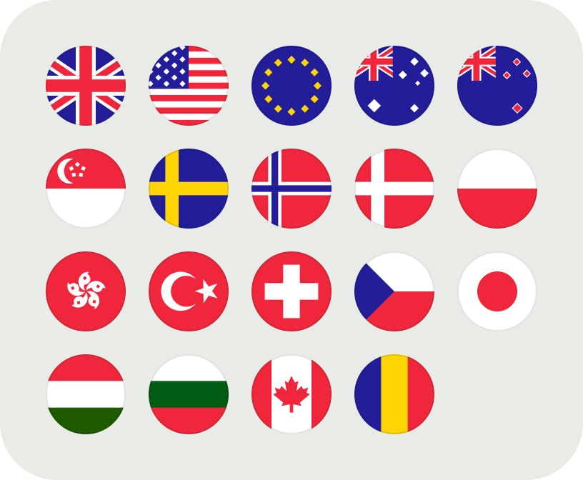 Round representations of the flags of: UK, Europe, Australia, New Zealand, Canada, Hungary, Singapore, Switzerland, Czechia, Denmark, Hong Kong, Japan, Norway, Sweden, Romania, Turkey