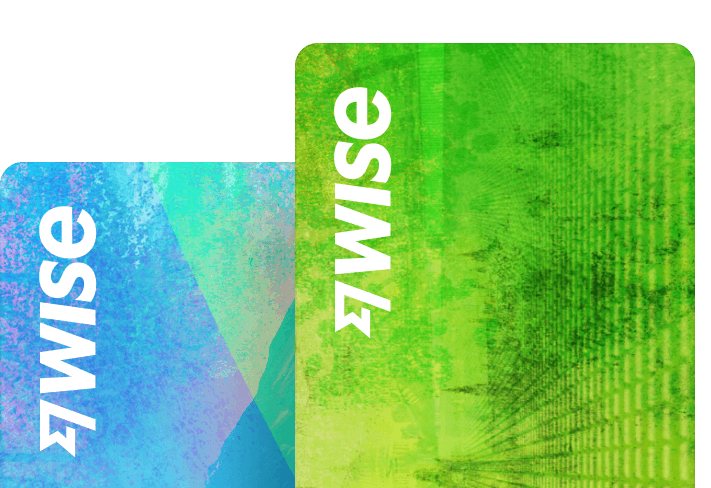 Dois cartões digitais da Wise sobrepostos, um azul e o outro verde. Cartões posicionados verticalmente, com o logo da Wise em letras brancas.