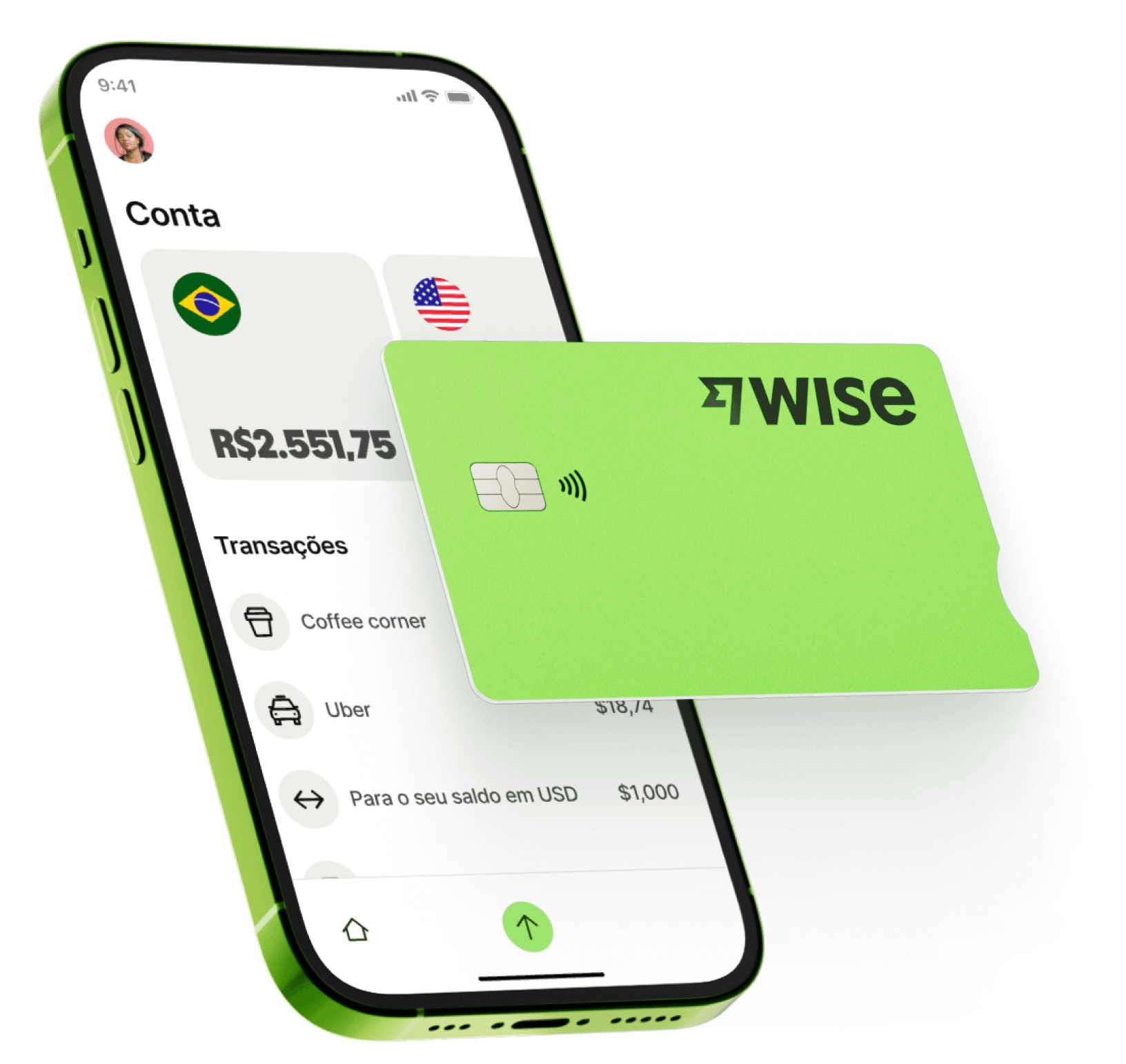 The Wise app on a mobile phone along with the Wise card